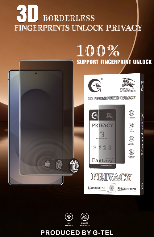 3D Borderless Fingerprint Unlock Privacy Tempered Glass | G-Tel Screen Protector Manufacturer